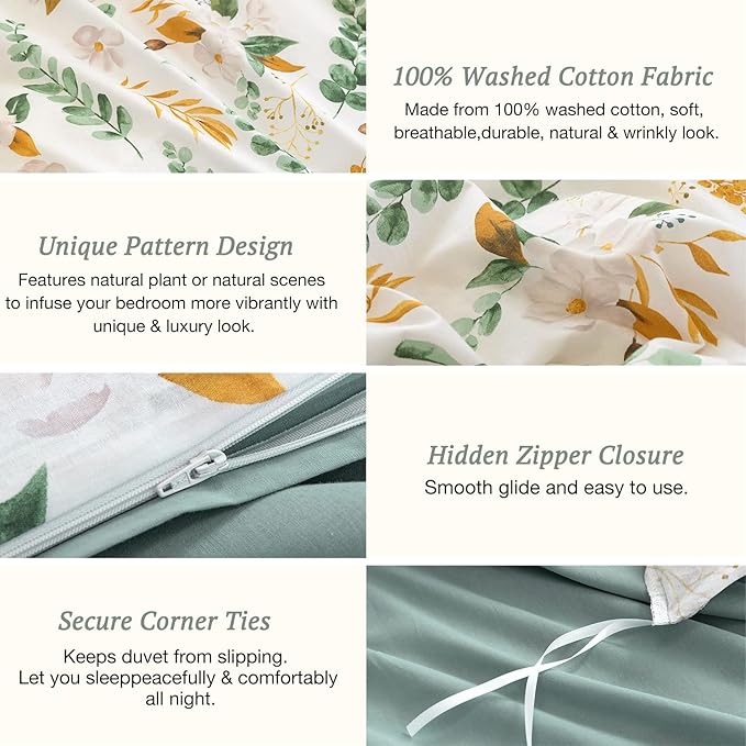 MILDLY 100% Washed Cotton Duvet Cover Set - Garden Flower Printed Autumn Comforter Cover Set Twin Size Soft Breathable Bedding Set with Zipper Ties