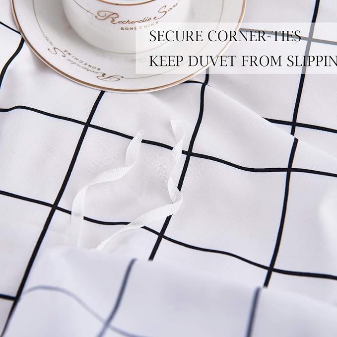 NANKO Queen Duvet Cover Set Grid, 90x90 Soft Bedding Cover, Luxury Cool Lightweight Microfiber 3pc Set (1 Cover 2 Pillowcase) with Zip,Tie - Modern Style Preppy Room Decor Bed Quilt Cover, Plaid White