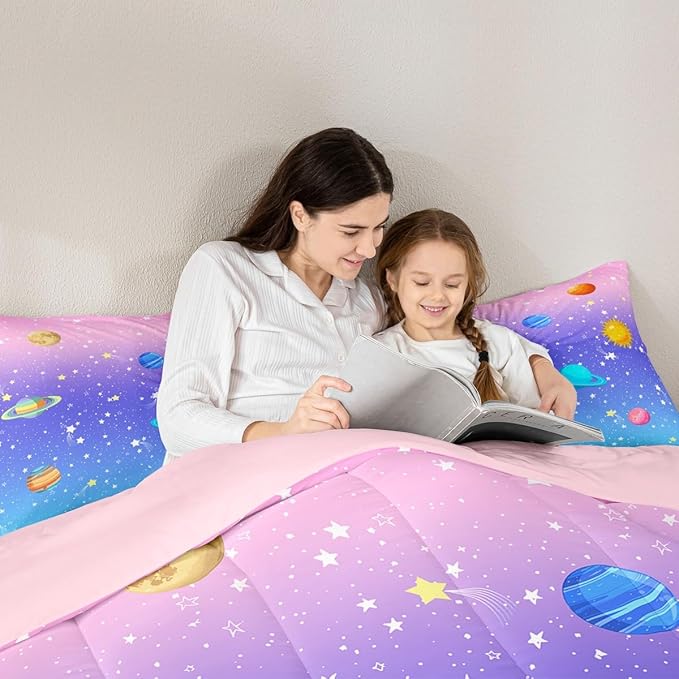 Erosebridal Space Comforter Set Twin Size for Boys Girls Kids Galaxy Stars Planet Bedding Set Kawaii Rainbow Pastel Bed Comforter Sets Pink Blue Purple Ombre Cartoon Quilt Duvet 1 Pillow Case