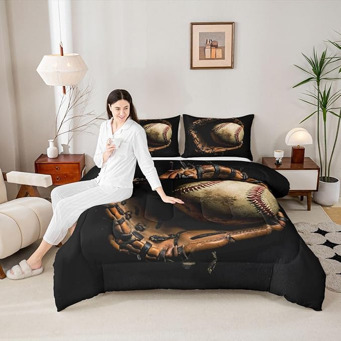 Erosebridal Baseball Comforter Set Queen Size Sports Game Bedding Baseball Player Duvet Insert for Kids Boys Teens Retro Style Quilt for Room Dorm Decorative, Brown Down Comforter