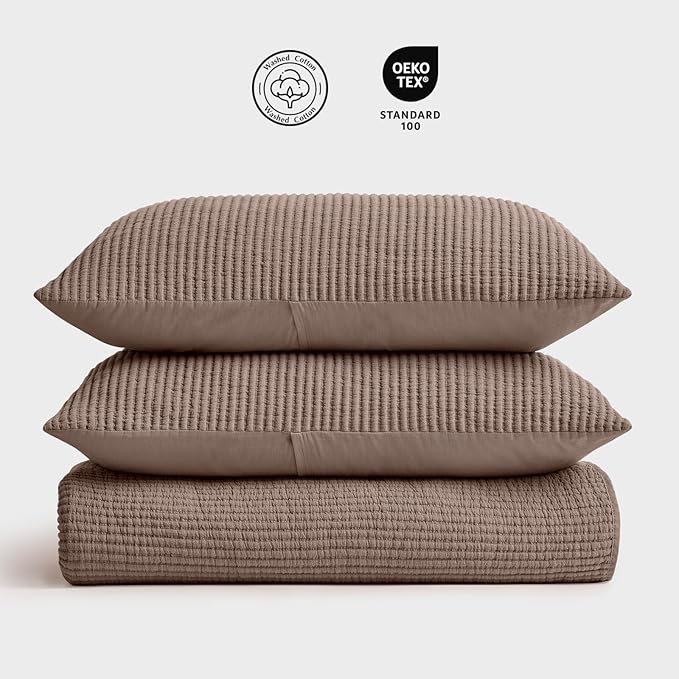 EVERGRACEHOME Cotton Coverlet Set King Size 3 Pieces, Lightweight Soft Ribbed Matelassé Bedspread Quilt Set, Cozy Oversized Quilted Bedding Set with 2 Pillow Shams for All Seasons, Mocha Brown