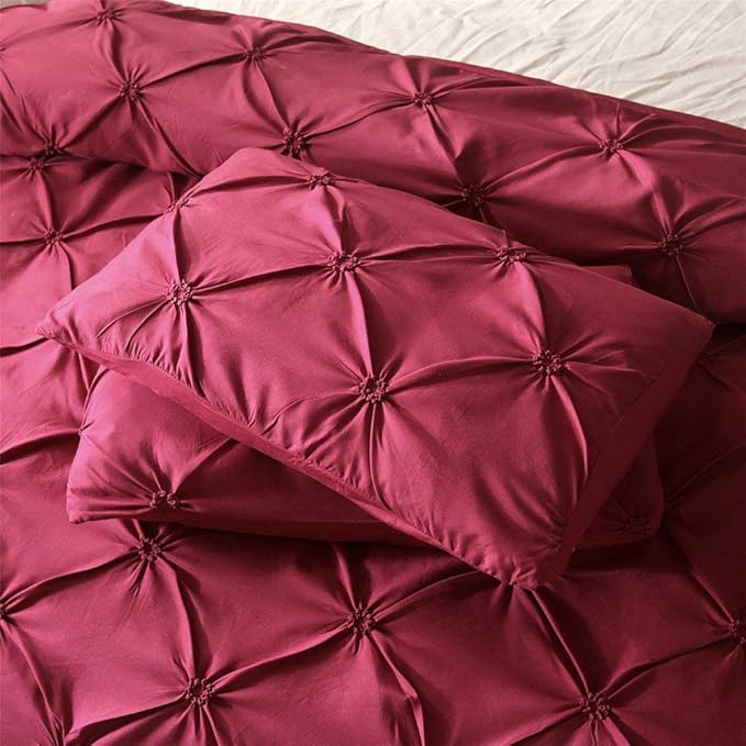Feelyou Pinch Pleated Duvet Cover with Zipper Closure Pintuck Comforter Cover Set Twin Size Luxurious Pintuck Tufted Bedding Set Solid Red Microfiber Bedspread Cover with 1 Pillow Shams Soft