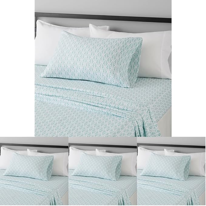 Amazon Basics Lightweight Super Soft Easy Care Microfiber 3 Piece Bed Sheet Set with 14-Inch Deep Pockets,Twin XL,Aqua Fern,Printed,(Pack of 4)