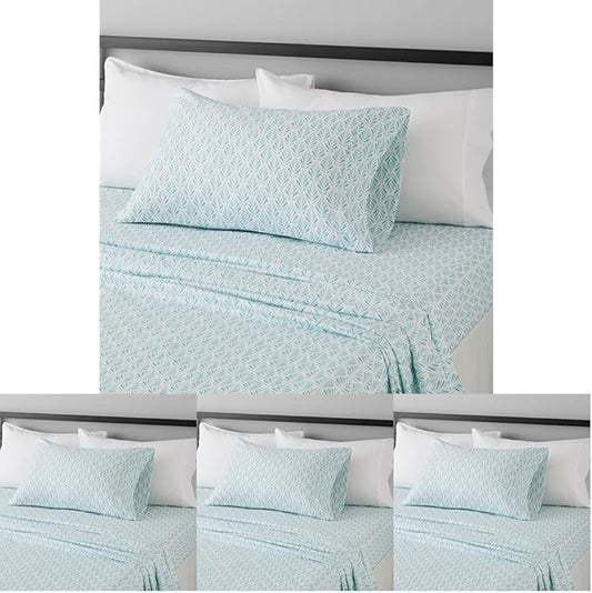 Amazon Basics Lightweight Super Soft Easy Care Microfiber 3 Piece Bed Sheet Set with 14-Inch Deep Pockets,Twin XL,Aqua Fern,Printed,(Pack of 4)