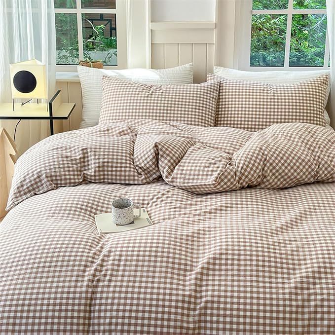 Nayoroom Brown Gingham Duvet Cover King Size Tan White Plaid Checkered Duvet Cover Grid Dorm Bedding Set 3 Pieces Soft Lightweight Washed Microfiber Farmhouse Bedding with Pillowcases