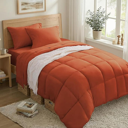 Anluoer Twin Size Bed in a Bag 5 Pieces, Burnt Orange Bed Comforter Set with Sheets, All Season Bedding Sets with 1 Comforter, 1 Pillow Sham, 1 Pillowcase, 1 Flat Sheet, 1 Fitted Sheet