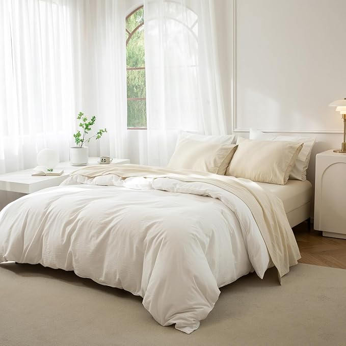 JIYUAN 100% Washed Cotton Sheet Set 4 Pieces Queen,1 Fitted Sheet,1 Flat Sheet and 2 Pillowcases,Comfy and Breathable Linen Like Bedding Set,Heathered Beige