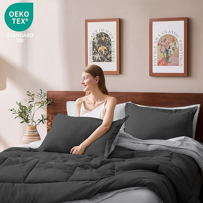 FUANNA Queen Comforter Set 7 Pieces, Reversible Bed in a Bag with All Season Soft Comforter, Bedding Sets Includes Comforter, Flat Sheet, Fitted Sheet, Pillowcases & Shams, Dark Grey & Light Grey