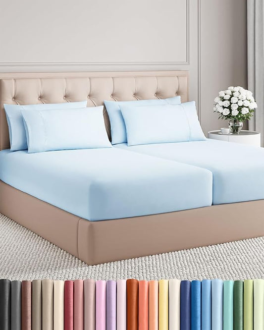 Split King 7 Piece Sheet Set - Comfy Breathable & Cooling - Soft Hotel Luxury Bedding Set with 8-16 Inch Deep Pockets - 1 Flat & 2 Fitted Sheet & 4 Pillowcases - Wrinkle Free & Easy Care - Baby Blue