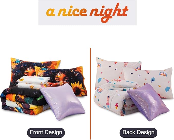 A Nice Night 6pcs Comforter Sets,Black Girl with Butterfly Flying Printed, Sunflower Flowering Shrubs Background Kids Bedding Set,Full