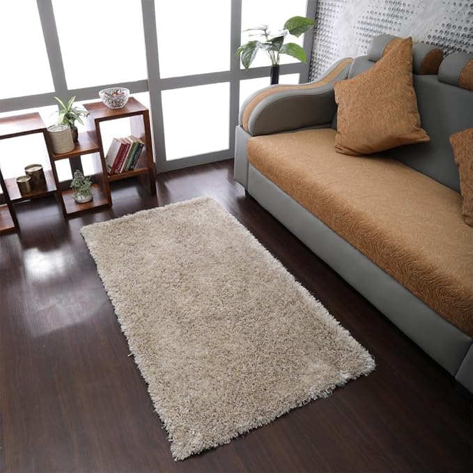 Hand Tufted SHAG Polyester ECO-Friendly Area Rugs - 2'8''x4'11'', Rectangle, Ivory, Solid Plain Design, High Pile Thick Handmade Anti Skid Rugs for Living Room, Bed Room K00111