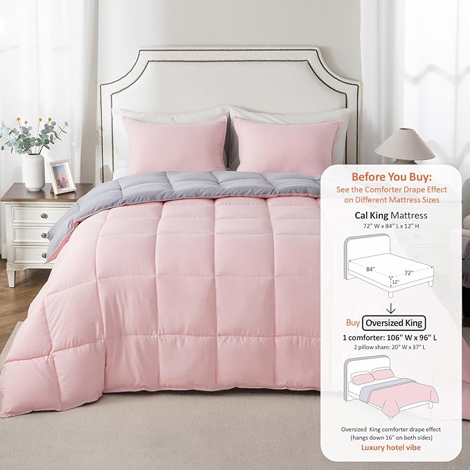 KASENTEX California King Comforter Set – Reversible Dual Color – Goose Down Alternative – Ultra-Soft, Lightweight, Machine Washable, Fluffy, All Season Warmth (Pink Potpourri/Quartz Silver)