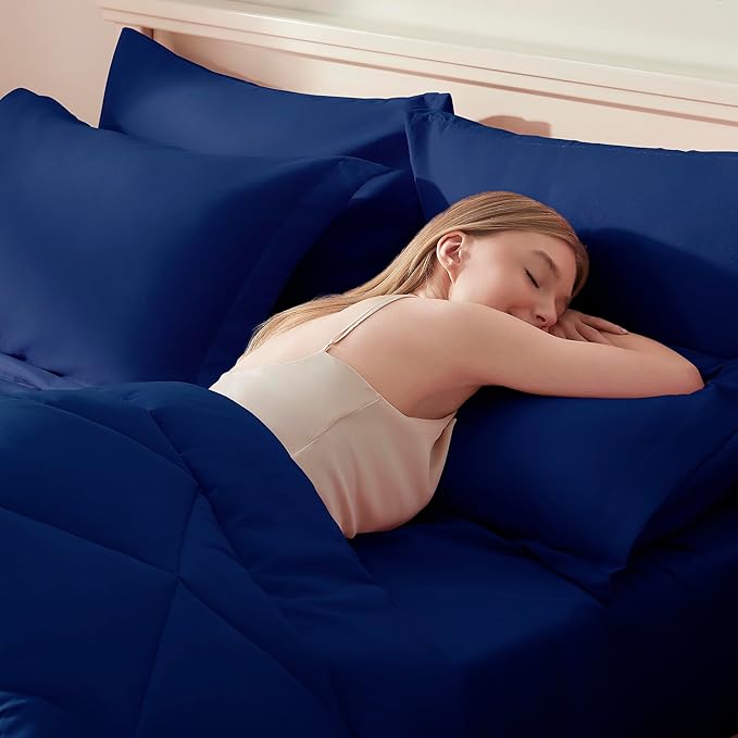 ELNIDO QUEEN® Full Size Comforter Set - 7 Pieces Navy Bed in a Bag Full, Bed Set All Seasons, Soft Bedding Sets with Dark Blue Comforter, Flat Sheet, Fitted Sheet, Pillowcases and Pillow Shams