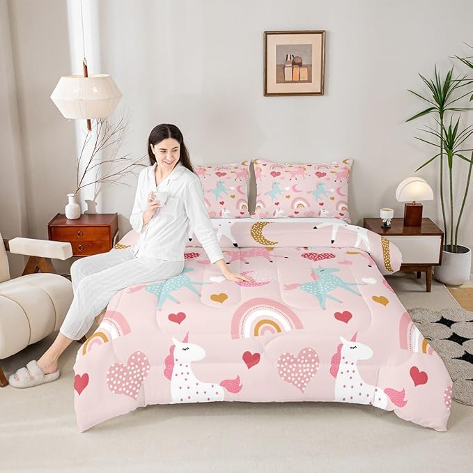 Feelyou Girls Unicorn Comforter Set Full Size Kids Cute Pink Rainbow Horse Decor Comforter for Unicorn Lover Daughter Bedding Set Boho Star Moon Duvet Set (1 Comforter + 2 Pillowcases, Full)