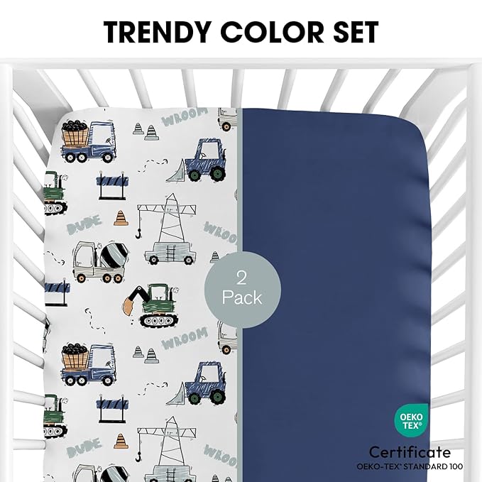Little Grape Land Pack and Play Sheets Mini Crib Sheets Soft Breathable Pack N Play Sheets, Playard Fitted Sheet 2 Pack Stretchy Fits 38"x26" Playard Mattress, Navy Trucks