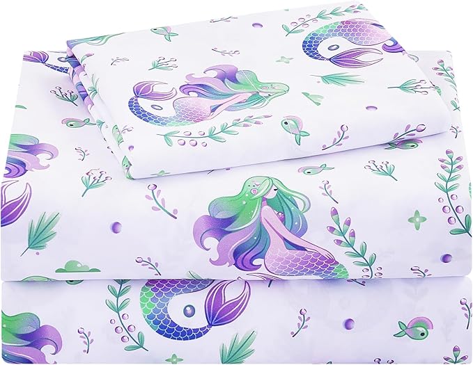 Kids Sheet Set Twin Size, Twin Sheet Set with Mermaid Pattern，Breathable Silky Soft Microfiber Kids Fitted Sheet