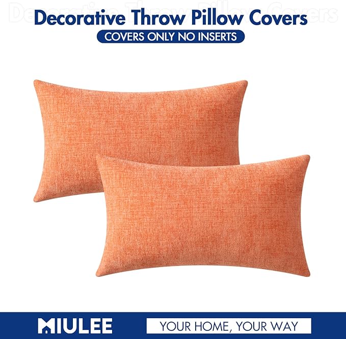MIULEE Pack of 2 Couch Throw Pillow Covers 12x20 Inch Soft Coral Red Chenille Lumbar Pillow Covers for Sofa Living Room Spring Home Decor Couch Solid Dyed Cases
