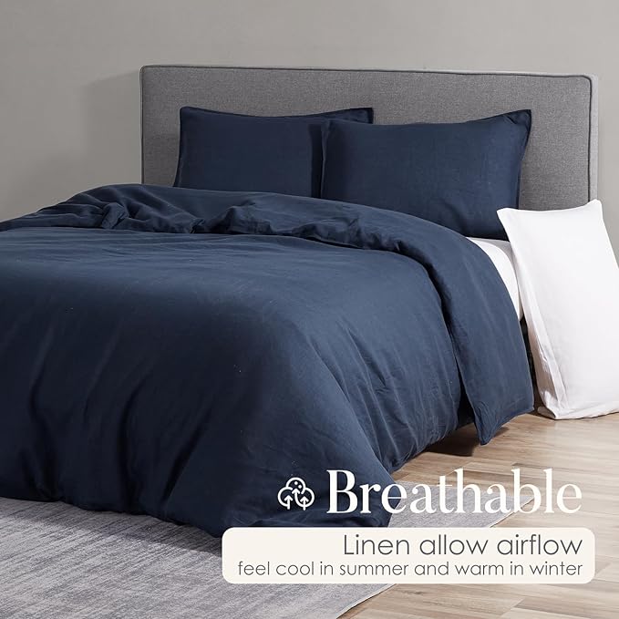 DAPU 100% Linen Duvet Cover Set - Pure Natural French Flax Linen with Corner Ties and Zipper Closure Soft Breathable Durable for Hot Sleepers 1 Duvet Cover 2 Pillowcases (Navy Blue, Full/Queen)