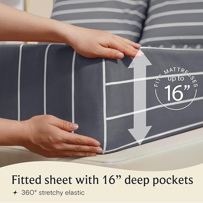 LuxClub Striped Sheets, 3 PC Striped Bed Sheets Twin Size for-Boys-and-Girls-Deep Pockets 18" Eco Friendly Wrinkle Free-Kids-Fitted Sheets Machine Washable Hotel Bedding (Twin, Light Grey)
