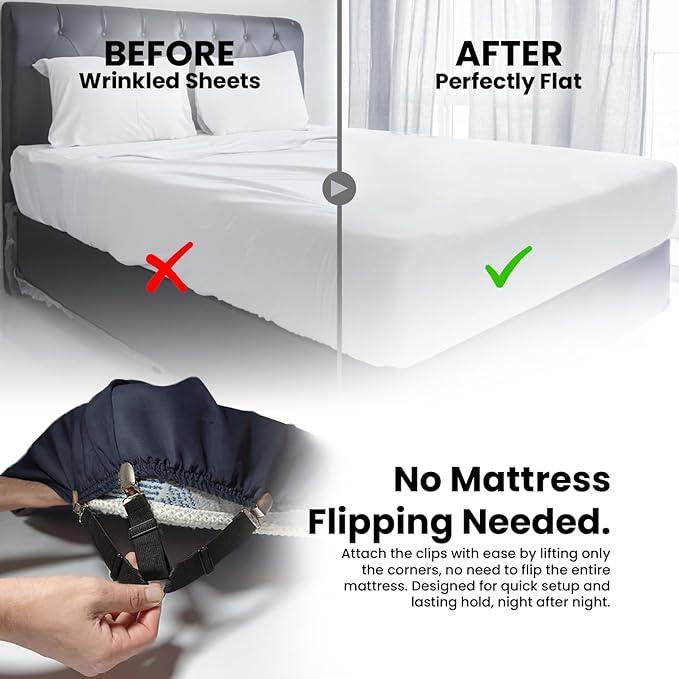 Bed Sheet Holders(4 Pack) Durable Metal Core, Adjustable Steel Buckle, Strong Elastic & Soft-Pad Grippers. Keep in Place Fitted Bedding Straps for Any Mattress, Easy No-Lift Install