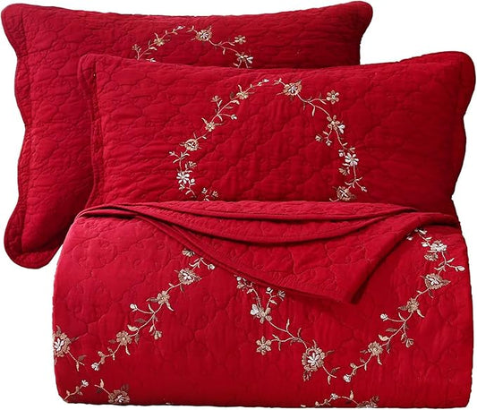 vctops 3-Piece Floral Embroidered Bedspread Coverlet Set Oversized Queen 100% Cotton Reversible Patchwork 1 Quilt and 2 Pillow Shams (Red,Oversize Queen)
