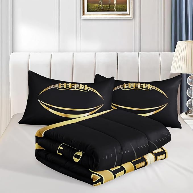 Football Comforter Sets,6 PCS Football Bedding Set for Boys,Kids Comforter Sets for Boys,Full Black and Gold Comforters Sets for Boy,Bed in A Bag with Sheets