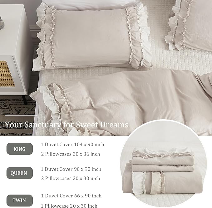 Bedorm Beige Duvet Cover Set Twin Ruffle Bedding Set Pleat Ruffled Shabby Chic Comforter Cover Extra Soft & Easy Care White Boho Duvet Cover with Zipper Closure
