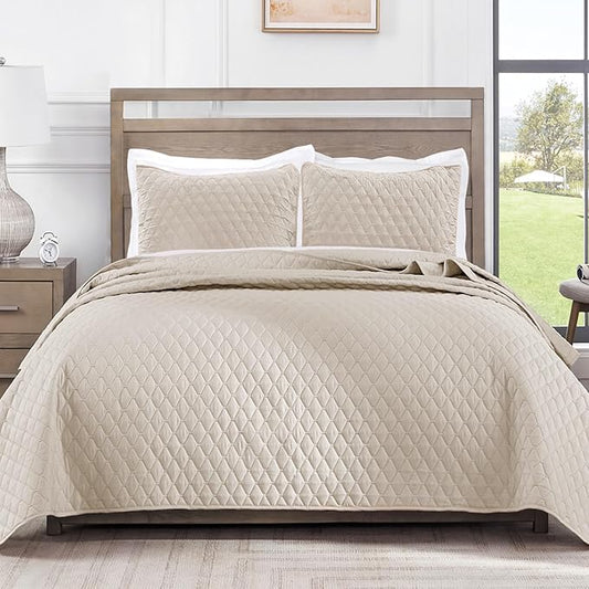 Exclusivo Mezcla Reversible Full Queen Quilt Bedding Set with Pillow Shams, Lightweight Quilts Queen Size, Soft Bedspreads Bed Coverlets for All Seasons - (Brich Beige, 90"x96")