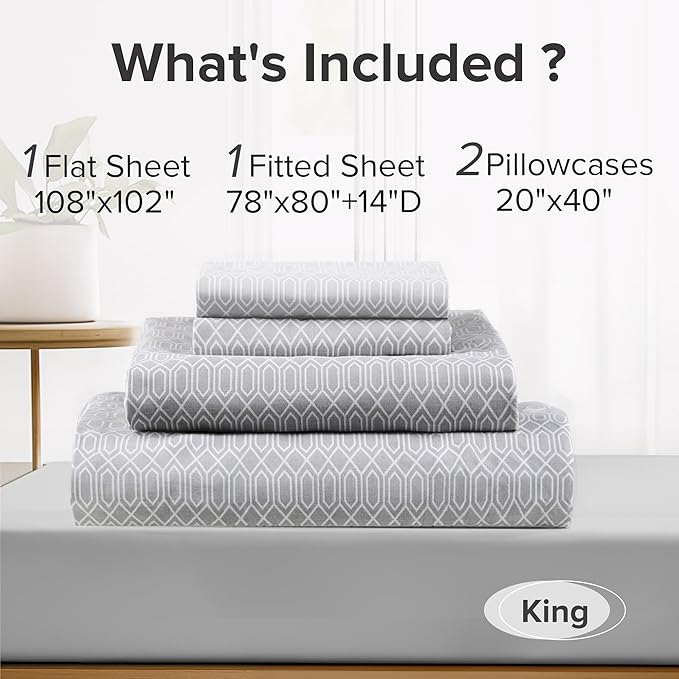 Comfort Spaces 100% Cotton Sheet Set Breathable, Lightweight, Soft with 14" Elastic Pocket Fits up to 16" Mattress, All Season Cozy Bedding, Matching Pillow Case, King Diamond Taupe 4 Piece
