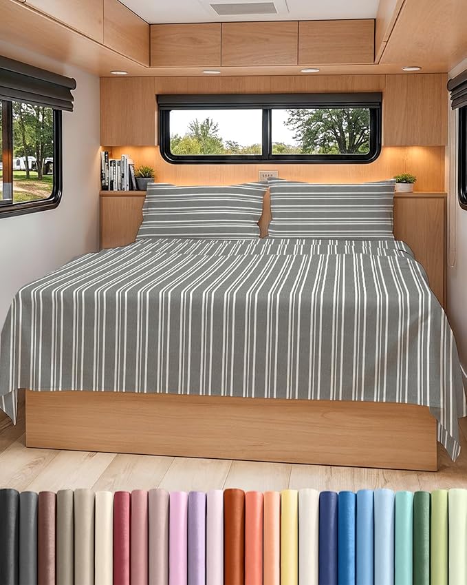 Short Queen Size 4 Piece Sheet Set - RV Short Queen, Soft, Breathable & Cooling Bed Sheets Set w/ Deep Pockets - Hotel Luxury Bedding for Women, Men, Kids, Teens, Boys & Girls, Oeko-Tex - Grey Stripes