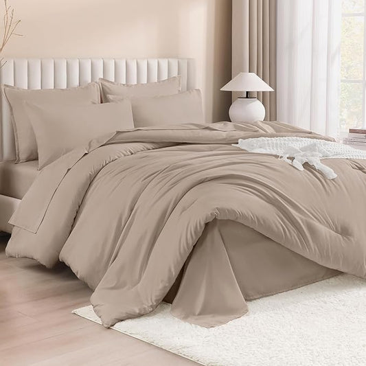 Litanika King Size Comforter Set Light Coffee - 7 Pieces Bed in a Bag Beddding Sets, Solid Lightweight Bed Set with Comforter, Sheets, Pillowcases & Shams