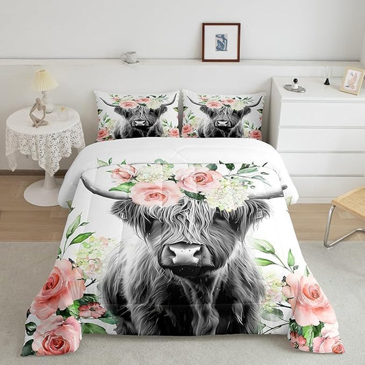Feelyou Highland Cow Bedding Set Kids Rose Floral Bull Cattle Comforter Set for Girls Teens Western Wildlife Animal Comforter Farmhouse Duvet Set Room Decor Quilt Set Toddler Size