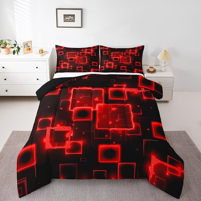 Feelyou Queen Size Red Black Bedding Set Light Honeycomb Comforter Set Abstract Geometric Comforter for Kids Boys Girls Geometrics Duvet Insert Kids Bedroom Decor 3Pcs
