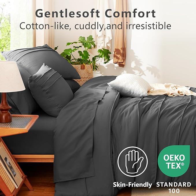 CozyLux Full Size Comforter Sets Dark Grey, 7 Pieces Soft Pinch Pleat Bed in a Bag Full Comforter Set with Sheets, Boho Bed Set with Down Alternative Comforter, Sheets, Pillowcases & Shams