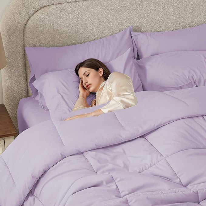 Anluoer Twin Comforter Set 5 Piece, Lavender Bed in a Bag with Sheets, Comforters Twin Size Bedding Sets with 1 Comforter, 1 Pillow Shams, 1 Pillowcases, 1 Flat Sheet,1 Fitted Sheet