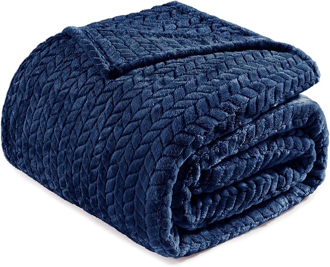 Exclusivo Mezcla Fleece King Size Blanket for Bed, 90x104 Inches Soft Cozy Jacquard Flannel Blankets, Lightweight Fuzzy Plush Warm for Women, Navy Blue
