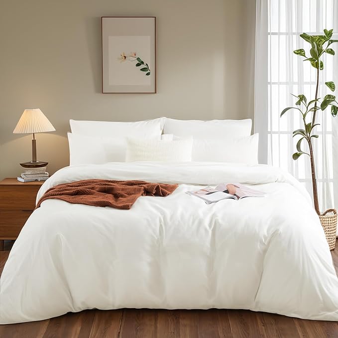 NEXHOME PRO Queen Duvet Cover Set – 100% Certified Organic Cotton with Washed Feel & Linen-Like Texture, Comfortable & Breathable, Home Bedding Set Bright White (No Comforter) 9090