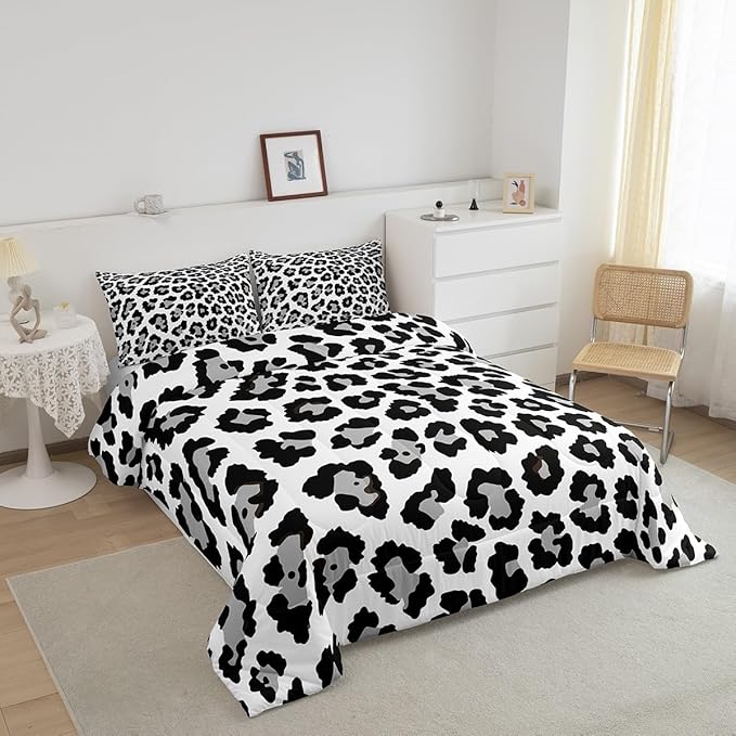 Feelyou Leopard Comforter Set Black Grey Cheetah Print Bedding Set for Kids Boys Girls Teens Decor Cow Pattern Comforter Africa Animal Lightweight Duvet Set 3Pcs Full Size