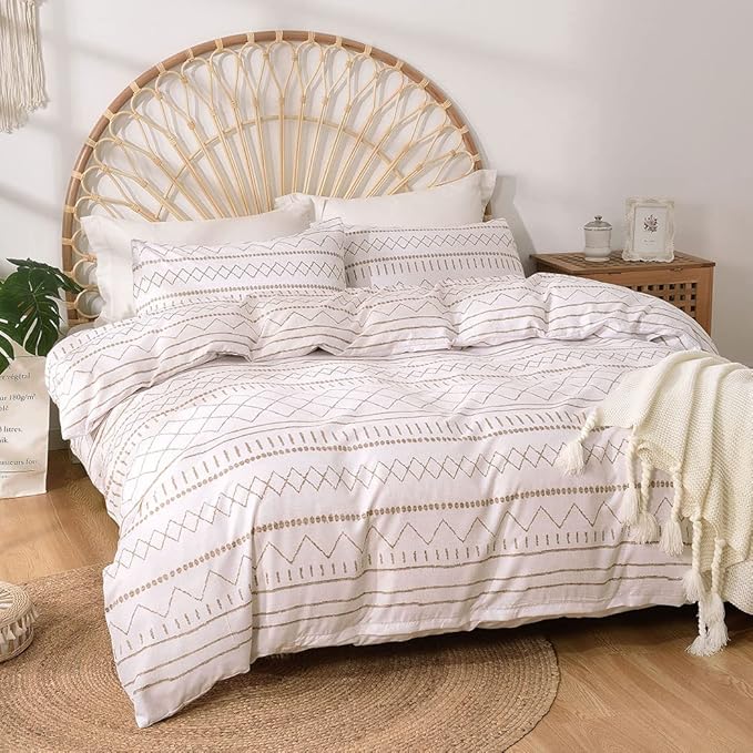 Lekesky Duvet Cover Queen Size, Soft Microfiber Boho Aztec Duvet Cover Set White Geometric Pattern Bohemian Bedding Duvet Cover Sets with Zipper Closure Corner Ties (No Comforter)