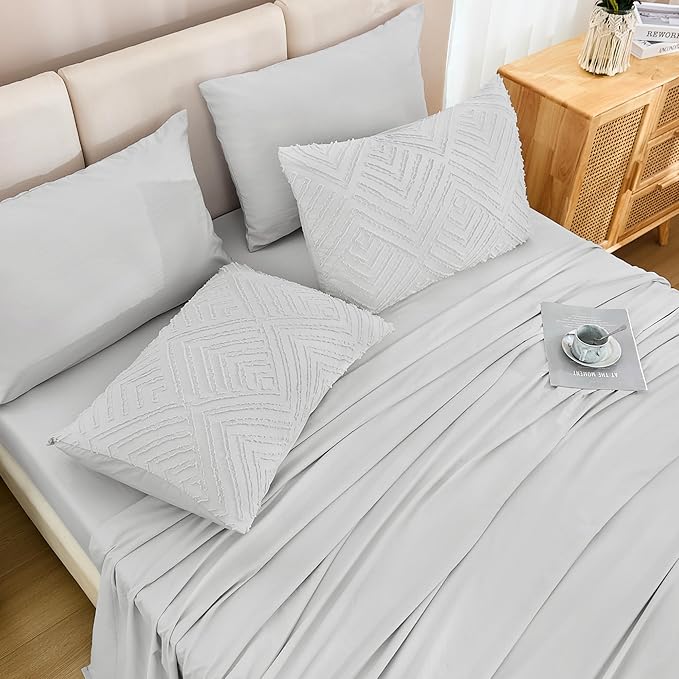 Andency Light Grey Super King Size Comforter Set with Sheets - 7 Pieces Bed in a Bag Boho Tufted Bedding Sets Fluffy Lightweight Super King Bed Set with Comforter, Sheets, Pillowcases & Shams