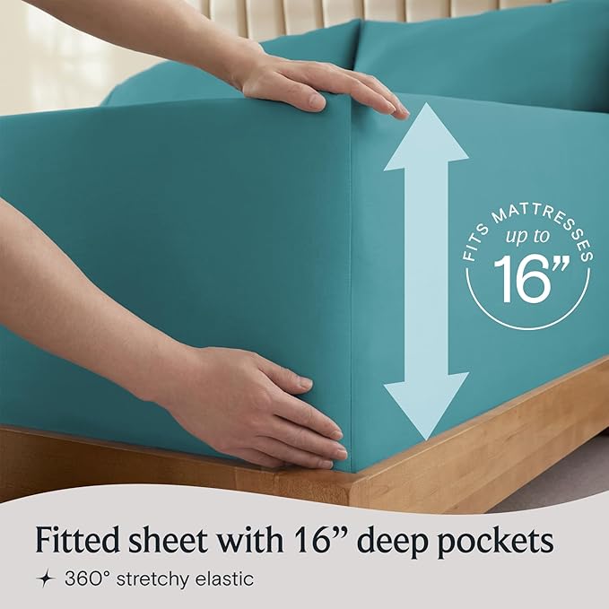 LuxClub 4 PC Queen Sheet Set, Breathable Luxury Bed Sheets, Deep Pockets 18" Wrinkle Free Cooling Sheets Machine Washable Hotel Bedding Silky Soft - Teal Queen