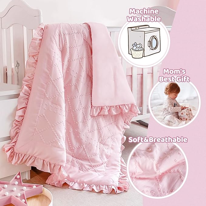 Wowelife Boho Mini Crib Bedding Set for Girls, 3 Piece Tufted Jacquard Ruffle Fringe Baby Girl Crib Bedding Set Newborn, Infant & Nursery with Comforter, Crib Fitted Sheet and Crib Skirt, Pink