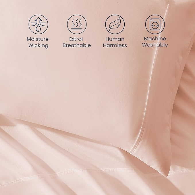 SLEEP ZONE Nanotex Super Soft Cooling Queen Bed Sheets Set for Kids 3 Piece - Easy Care Fitted Flat Sheet & Pillowcase Sets - Wrinkle Free,Fade Resistant,Deep Pocket 16",Rose Pink,Queen