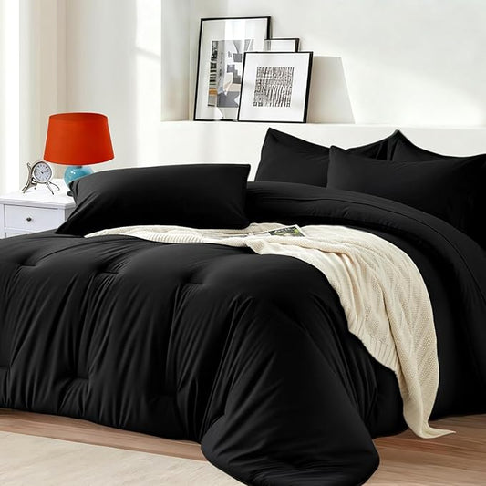 California King Comforter Set 7 Pieces - Ultra-Soft Bed in a Bag, Cozy Luxury All Season Bedding Sets with Comforter, Flat Sheet, Fitted Sheet, 2 Pillow Shams & 2 Pillowcases, Black