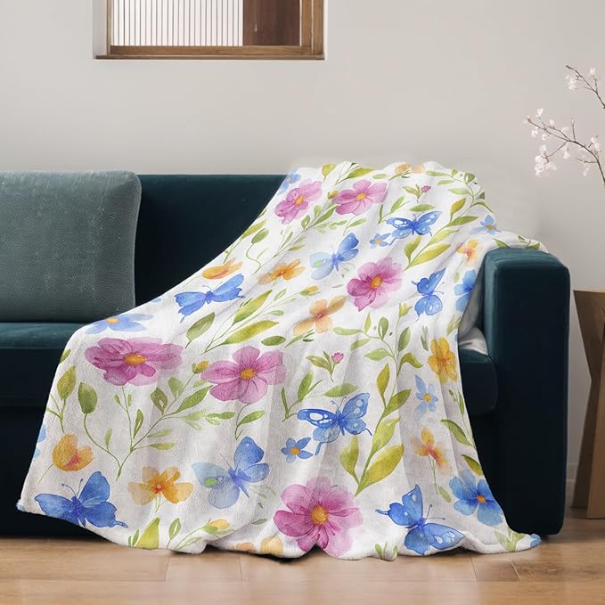 Spring Floral and Butterfly Blanket Lightweight Blankets Gifts for Women Flannel Throw with Pink, Blue and Yellow on White Background Printed for Sofa, Bed, Office, Decor Throws 80x60 Inch