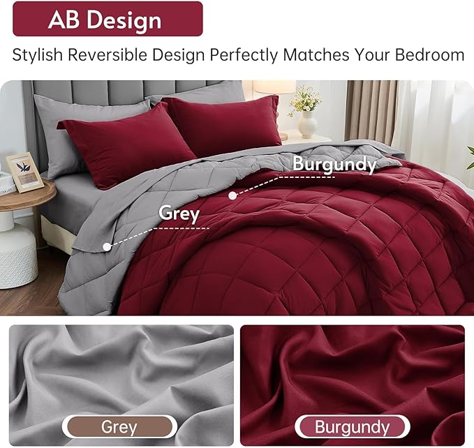 MUXHOMO 7 Pieces King Comforter Set, Reversible Bed in a Bag King Size, All Season Bedding Set with Comforter, Flat Sheet, Fitted Sheet, Pillowcases & Shams, Burgundy & Grey