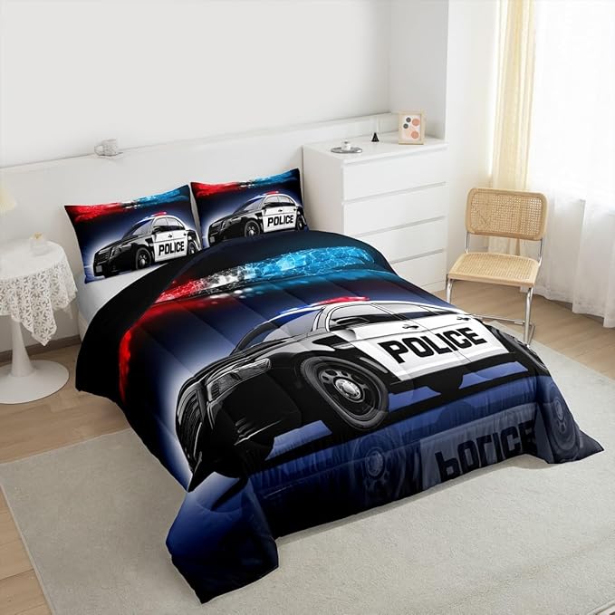 Erosebridal Police Car Comforter Sets Full Size,Policeman Vehicle Bedding Set for Kids Boys Children,Red Blue Cop Lights Down Comforter Geometric Graphics Duvet Sets Bedroom Decor with 2 Pillow Cases
