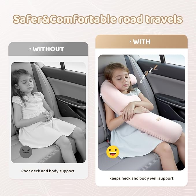 FLORICH Memory Foam Kids Travel Pillow, Car Sleeping Pillow, F-Shape Car Pillows for Adults and Children, Traveling Car Pillow for Kids with Removable Pillowcase (Pink)