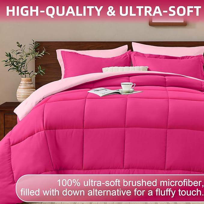 FUANNA California King Comforter Set 7 Pieces, Reversible Bedding Sets with All Season Soft Comforter, Bed in a Bag with Comforter, Flat Sheet, Fitted Sheet, Pillowcases & Shams, Hot Pink & Pink