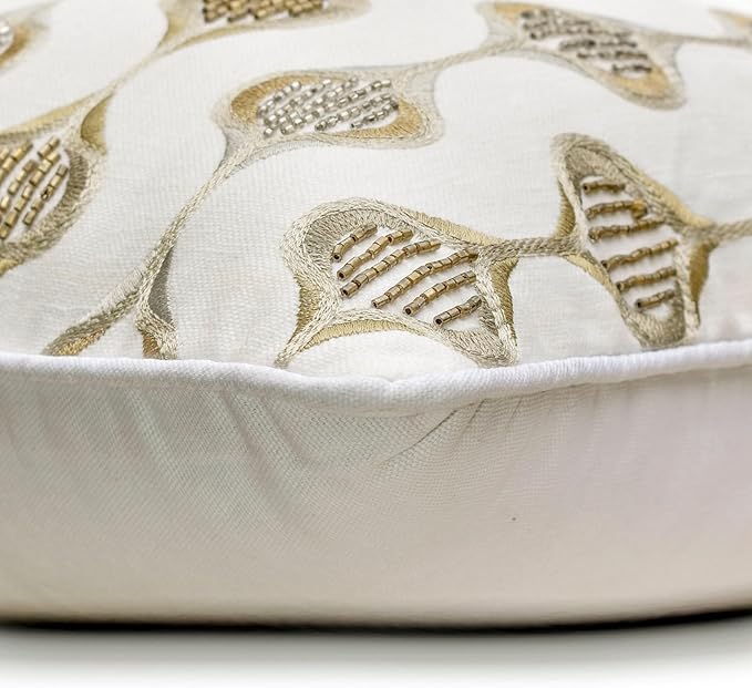 The HomeCentric King/Queen/Twin Beige Decorative Bed Runner King 90"x18" Bed Runner with One Pillow Cover, Embroidery, Geometric, Beaded Hand Embroidery Bed Scarf on Linen Fabric - Mahsa
